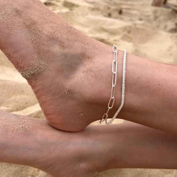 Silver Paperclip-SL Beaded Cuban Link Waterproof Adjustable Anklet for Women - Picture 4 of 8